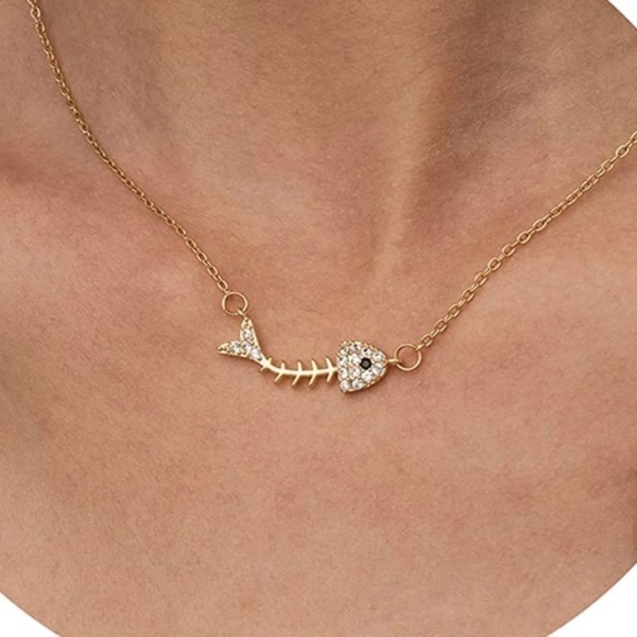 GOLD 18k Fish Bone CZ Chain Necklace - Picture 1 of 3